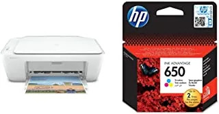 Hp Deskjet 2320 All-In-One Printer, USb Plug And Print, Scan, And Copy -White & 650 Tri-Color (Cyan, Magenta, Yellow) Original Ink Advantage Cartridge - Cz102Ak