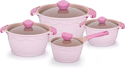 Al saif amercook non stick aluminium 8 pieces cookware cooking set size: 18/20/24/28cm, pink