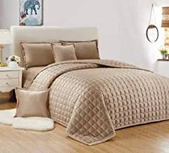 Double Sided Velvet Comforter Set For All Season, Single Size (160 X 210 Cm) 4 Pcs Soft Bedding Set, Classic Double Side Square Stitched Design, Sc, Gold