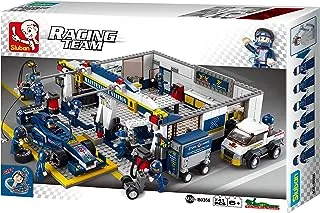 Sluban Racing Team Series - Racing Car Maintenance Station Building Blocks 471 PCS With 8 Mini Figures - For Age 6+ Years Old