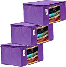 Fun Homes 3 Pieces Non Woven Fabric Saree Cover/Clothes Organiser for Wardrobe Set with Transparent Window, Extra Large (Purple)