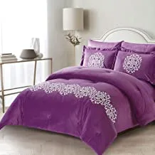 DONETELLA Micro Plush Bedding Comforter Set- 6 Pcs King Size, Designer Comforter Sets for Double Bed- Applique Embroidered With Down Alternative Filling (PURPLE & WHITE, King)