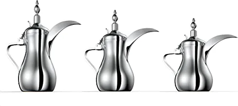 Al Saif 5423/S3 3 Pieces Stainless Steel Arabic Coffee Dallah Set, 26/32/48 OZ, Chrome