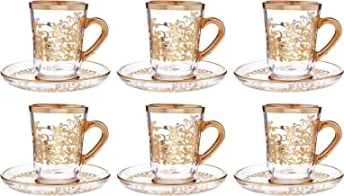 SOLETER Tea and Coffee Glass Cups and Saucers with Gold Trim and Gift Box | British Tea Cups | Set of 6 (Gold)