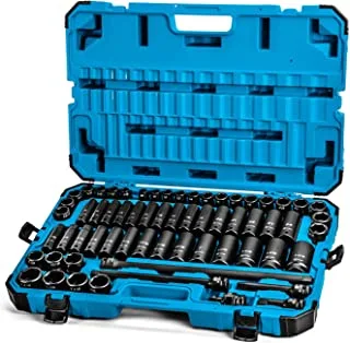 Capri Tools 1/2-Inch Drive Deep Impact Socket Set with Adapters and Extensions, Chrome Molybdenum, Master Set Metric and SAE, Manganese Phosphate, 61-Piece