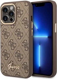 Cg mobile guess pc/tpu 4g pu case with metal camera outline & buttons, latest new design, shockproof, anti-dust, anti scratch, ultra shield protection compatible with iphone 14 pro max (brown)