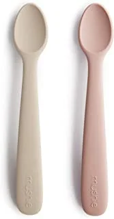 Mushie Silicone Baby Feeding Spoons | 2-Pack Weaning Spoons | Soft Shallow Spoon Tips | BPA Free | Self Feeding Training Spoons | Blush/Shifting Sand