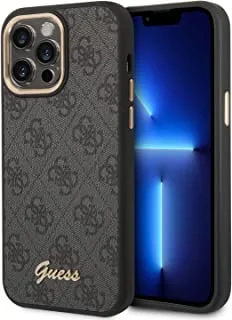Guess PC/TPU 4G PU Case With Metal Camera Outline & Buttons For iPhone 14 Pro Max - Black