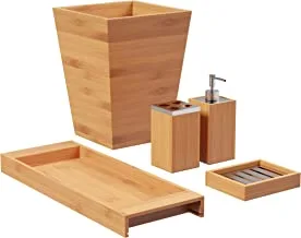 5-Piece Bathroom Decor Set - Bamboo Bathroom Accessories Set with Trash Can, Soap Dish, Soap Dispenser, Toothbrush Holder, and Tray by Lavish Home