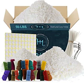 Hearth & Harbor Natural Soy Wax and DIY Candle Making Supplies - 50 Lbs Soy Candle Wax Flakes, 24 Candle Wax Dye Blocks, 500 Cotton Wicks, and 10 Metal Centering Device