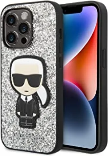 جراب Karl Lagerfeld Glitter Flakes مع رقعة Ikonik لهاتف iPhone 14 Pro - فضي
