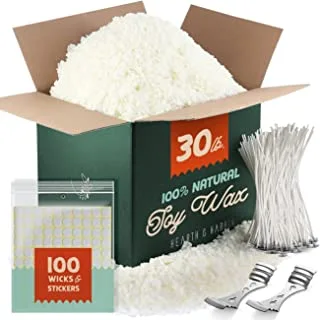 Hearth & Harbor Soy Candle Wax for Candle Making, Natural Soy Wax for Candle Making 30 lb Bag with Supplies, 100 Cotton Candle Wicks, 100 Wick Stickers, 2 Centering Devices - 30 Pounds Soy Wax Flakes