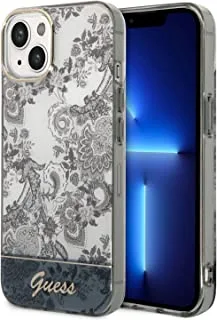 Guess pc/tpu iml case with double layer electroplated camera outline & toile de jouy for iphone 14 max - grey