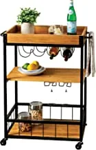 YATAI 3 Tier Wooden Kitchen Serving Carts Rolling Bar Cart With Storage Shelves Kitchen Cart Metal Wine Rack With Glass Bottle Holder and Lockable Wheels Removable Top Box Container