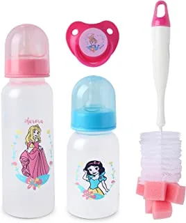 Disney Princess PACK OF 4 Baby Feeding Gift Bundle – Silicone Pacifier, 5 oz/150ml and 9 oz/250 ml, Feeding Bottles, Feeding Bottle Cleaning Brush, 0+ Months (Official Disney Product)