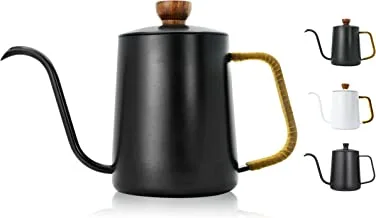 MIBRU Drip V60 Pour Over Kettle Goose neck Long Narrow Spout With Lid Coffee Tea Pot Pitcher for pouring coffee ابريق تقطير بعنق طويل القهوة للشاي (600ml, Black Wooden Top)