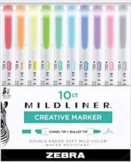 قلم زيبرا ميلدلاينر ، هايلايتر بنهاية مزدوجة ، أطراف عريضة ورفيعة ، ألوان متنوعة ، 10 عبوات