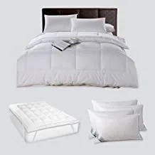 DONETELLA Hotel Style Super Saver Package - Includes -King Size-6 Pcs Comforter Set White +Mattress Topper(200x200+8cm)+4 Pillows(1000 gram) (Pearl White) (لباد فندقي قطن, طقم لحاف سرير فندقي)