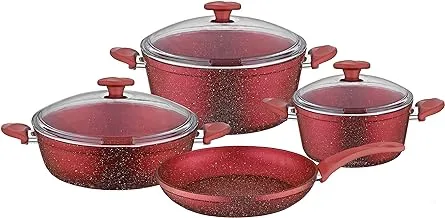 PAPILLA Wilma 7-Piece Cookware Set Red, Non-stick Granite Coating Cooking Set - Casserole, Flat Casserole, Maxi Fry Pan, Heavy Duty with Stay-Cool Handle, Gas, Stovetops Compatible for Family Meals