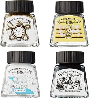Winsor & Newton Collection Drawing Ink Set, Set of 4, Black, White, Metallic Tones