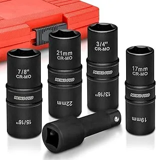 NEIKO 02282B 1/2-inch-inch-drive Impact Socket Set، Flip Socket Set، Chrome Moly Steel، يتضمن 3-Inch بار تمديد ، 8 Deep SAE ومقاسات متري ، 5 قطع