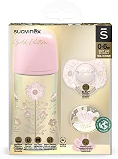 Suavinex Feeding Bottle Gift Set 270ml With Silicon Soother Pacifier 0/6 Months + Clip, Pink