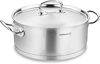 Korkmaz Proline Stainless Steel Low Casserole Saute Pot Stockpot With Lid and Handles Silver 7.5 Quart Silver a1171