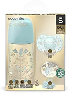 Suavinex Feeding Bottle Gift Set 270ml With Silicon Soother Pacifier 0/6 Months + Clip, Blue