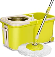 360 Rotating Spin Mop Steel Dry Bucket With With 2 Mop Heads - Green