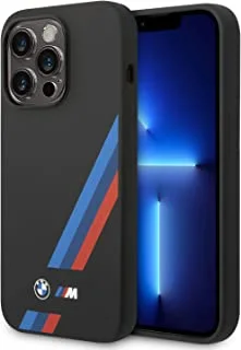 جراب من السيليكون السائل من مجموعة BMW M مع خطوط ثلاثية الألوان مائلة وشعار مطبوع لهاتف iPhone 14 Pro Max - أسود