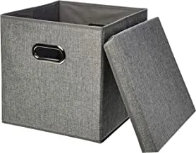 Amazon Basics Foldable Burlap Cloth Cube Storage Bin With Lid, Set of 2, Gray