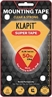شريط KLAPiT SUPER TAPE مزدوج الجوانب شديد التحمل يحمل 50 رطلاً أو 23 كجم من الوزن باستخدام تقنية النانو المحسنة. شريط شفاف للجدار والخشب والبلاط والحجر والزجاج والمعادن والاكريليك النحيف 1 متر