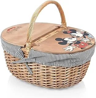 PICNIC TIME Disney Mickey Mouse & Minnie Mouse Country Vintage Picnic Basket with Lid, Wicker Picnic Basket for 2, (Navy Blue & White Stripe)