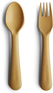Mushie Dinnerware Fork & Spoon Set for Kids | Reusable BPA Free | Dishwasher & Microwave Safe Cutlery | Easy to Hold | Made in Denmark | Mustard