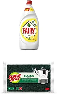Fairy Lemon Dish Washing Liquid Soap 1 Litre + Scotch-Brite Heavy Duty Classic Scouring Pad Pack of 3