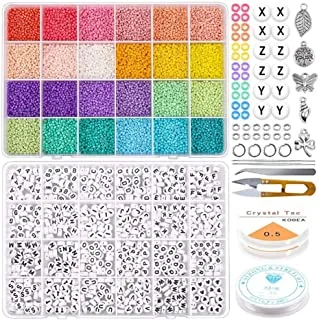 SKY-TOCUH 16500pcs Multicolor Seed Beads+1200 Letter Beads，with Jewelry Charms Set For Jewelry Making Bracelet Beads Finding Diy Crafts Beading Needles with scissors，2mm