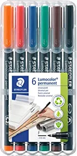 STAEDTLER Lumocolor Universal Pen, Fine, Felt Tip, Permanent Marker, Box of 6 Assorted Color Pens, 0.6mm 318 WP6