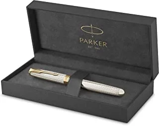 Parker Sonnet Fountain Pen | Premium Silver Mistral Finish with Gold Trim | Fine 18k Gold Nib with Black Ink Cartridge | Gift Box