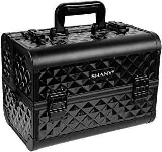 SHANY Premier Fantasy Professional Makeup Train Case Cosmetic Box Portable Makeup Case Organizer Jewelry storage with Locks, 3 Trays, Shoulder Strap, Makeup Brush Holder and Cosmetics Mirror - Black