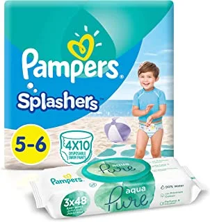 Pampers Splashers, Size 5-6, 40 Diapers Pants + 144 Aqua Pure Water Baby Wet Wipes