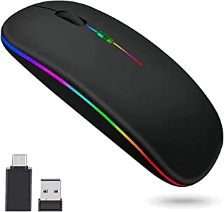 Qniceone Wireless Bluetooth Mouse, LED Slim Dual Mode (Bluetooth 5.1 + USB) 2.4GHz Rechargeable Portable Silent Mouse with Type C Adapter for Laptop/MacBook/iPad OS 13 and Above (Matte Black)