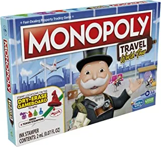 لعبة لوحة مونوبولي ترافيل وورلد تور للعائلات والأطفال من عمر 8 سنوات فما فوق ، مع طوابع رمزية ولوحة ألعاب جافة ، اشتر وجهات سفر