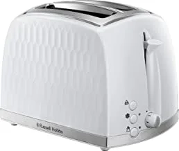 Russell Hobbs 26060 2 Slice Toaster - تصميم عصري على شكل قرص العسل مع فتحات عريضة جدًا وميزة رفع عالية ، أبيض ضمان لمدة عامين