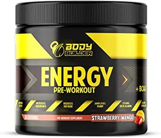 pre workout powder | Body Builder Pre workout Plus BCAA - Intense Focus, Increases Endurance, Amplifies Pump, Free Of Lactose, Soy, Gluten & Added Sugar (Strawberry Mango-30 Servings)