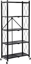 SKY-TOUCH 5 Tier Foldable Storage Shelves, Multi-Shelf Foldable Storage Rack for Kitchen Garage Home, Standing Shelf Units with Wheels (Black)