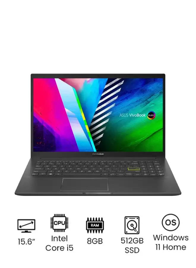 ASUS K513EP Vivobook OLED Laptop With 15.6-Inch FHD Display, Core i5-1135G7 Processor / 8GB RAM / 512GB SSD / 2GB NVIDIA GeForce MX330 Graphics / W11 Home With Extra Adapter Arabic Indie Black