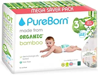 PureBorn عضوي / طبيعي بامبو للأطفال مقاس 3 حفاضات / حفاضات | عبوة اقتصادية ضخمة | من 5.5 إلى 8 كجم | 112 قطعة | ألوان متنوعة | فائقة النعومة | أقصى حماية من التسرب | أساسيات المولود الجديد | صديق للبيئة