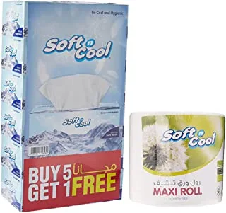 حزمة Soft N cool & Hotpack (مناديل Soft N Cool ، 150 ورقة ، 6 علب + عبوة اقتصادية Hotpack Soft N Cool Kitchen Maxi Roll 1 Ply ، 300 متر)
