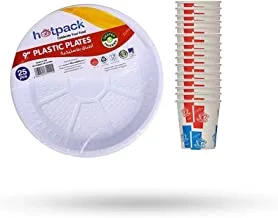 Hotpack Papercup and Plastic plates Bundle (Hotpack Paper Cup 6 Oz, 50 Pieces + Hotpack Premium Quality Disposable Plastic Plates 9 Inches- 25Pcs)