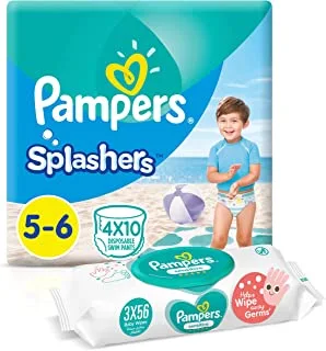 Pampers Splashers, Size 5-6, 40 Diapers Pants + 168 Sensitive Protect Baby Wet Wipes
